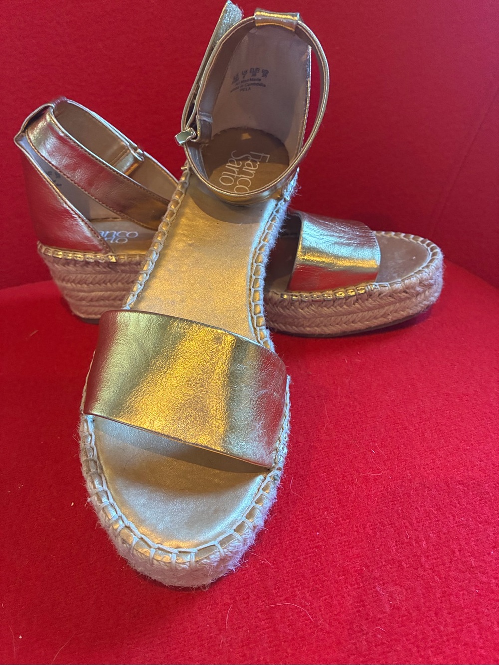 Franco Sarto Metallic Gold Espadrille Wedge Sandals with Ankle Strap